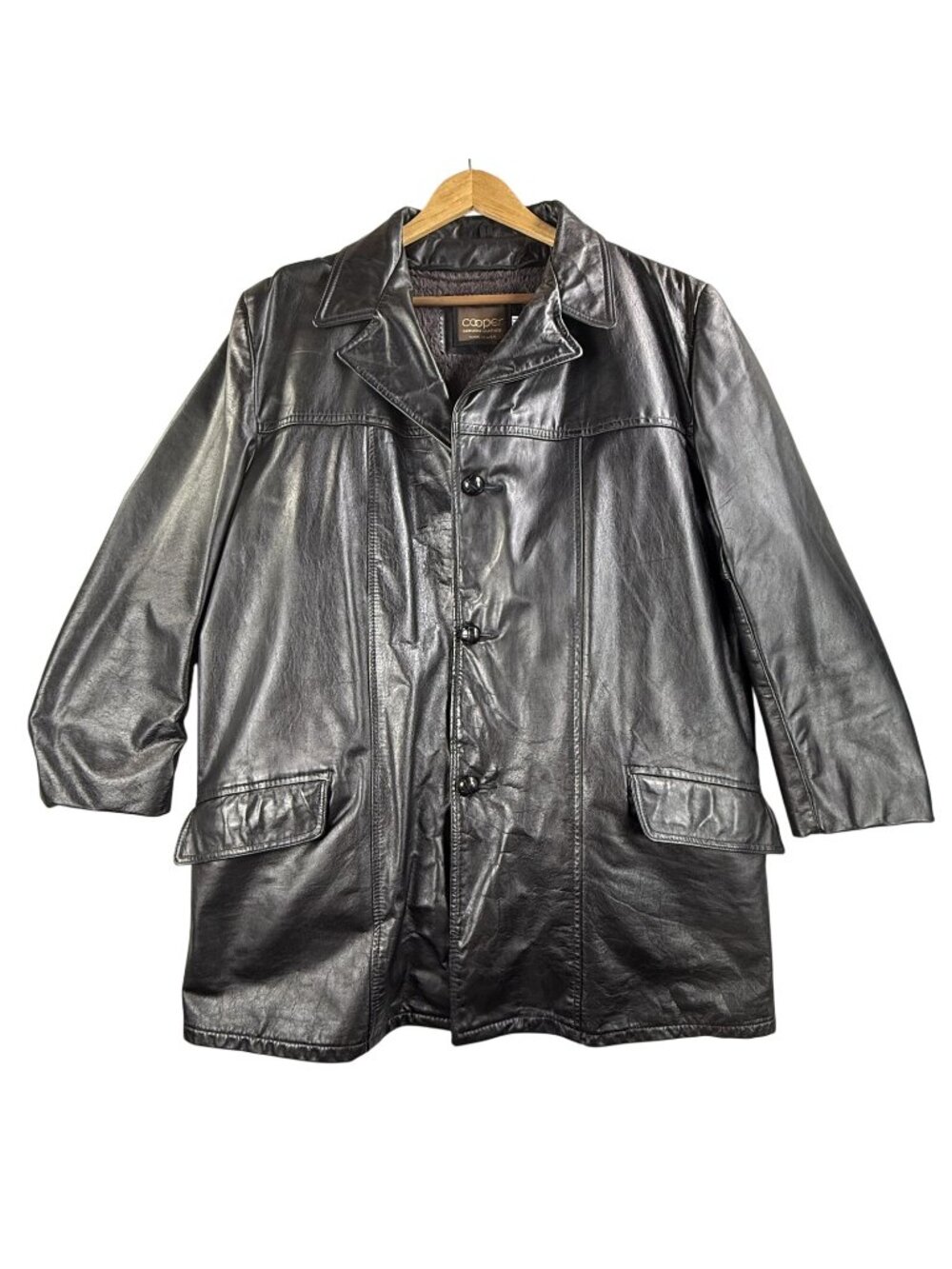 Vintage Cooper Coat Mens 46L Black Leather Overcoat Removable Liner USA 80s